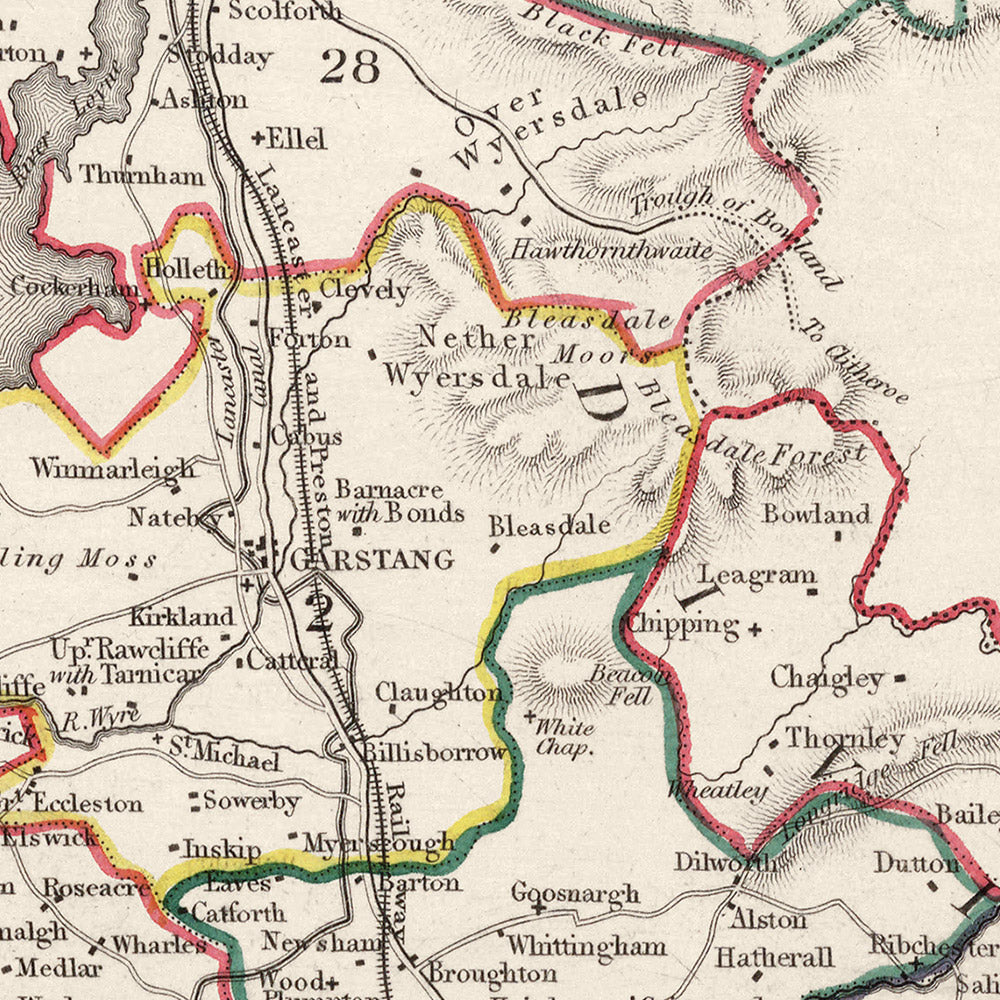 Alte Karte von Lancashire von Samuel Lewis, 1844: Manchester, Liverpool, Preston, Blackburn und Oldham 