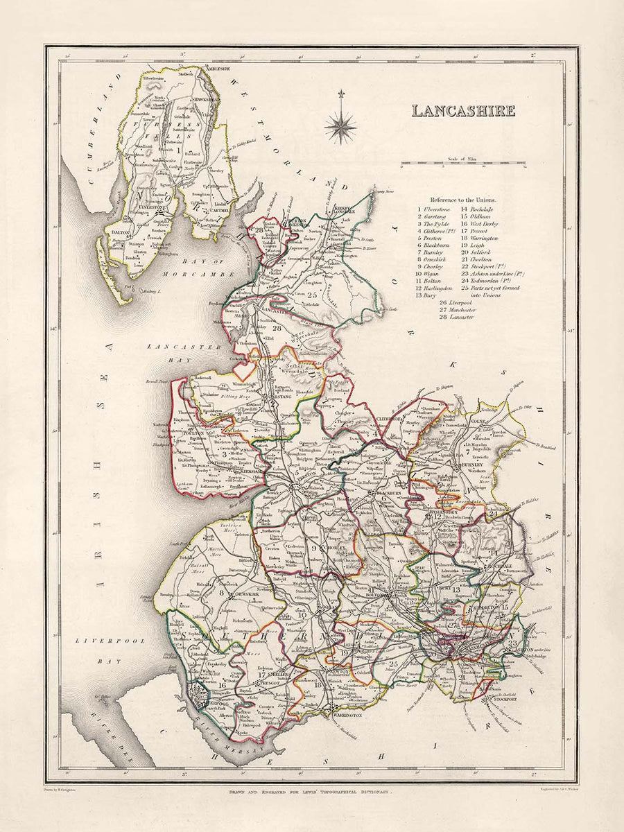 Old Map of Lancashire by Samuel Lewis, 1844: Manchester, Liverpool, Preston, Blackburn, and Oldham