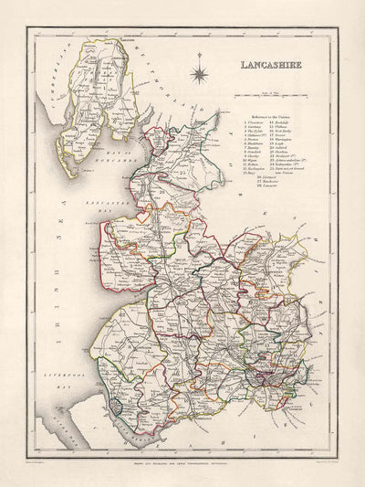 Alte Karte von Lancashire von Samuel Lewis, 1844: Manchester, Liverpool, Preston, Blackburn und Oldham 