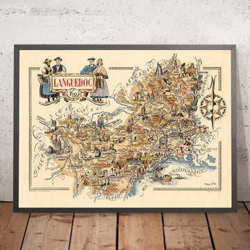 Alte Karte von Languedoc, Frankreich von Jacques Liozu im Jahr 1951: Carcassonne, Montpellier, Nîmes, Albi, bildliche Illustrationen 