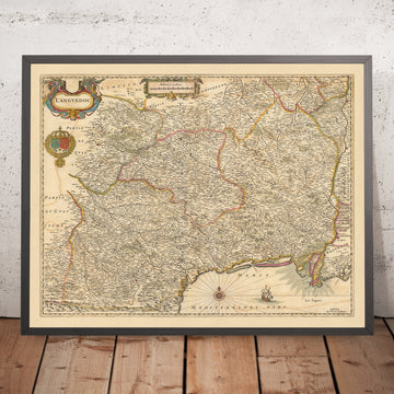 Old Map of Languedoc, France by Visscher, 1690: Toulouse, Montpelier, Perpignan, Avignon, Cévennes National Park