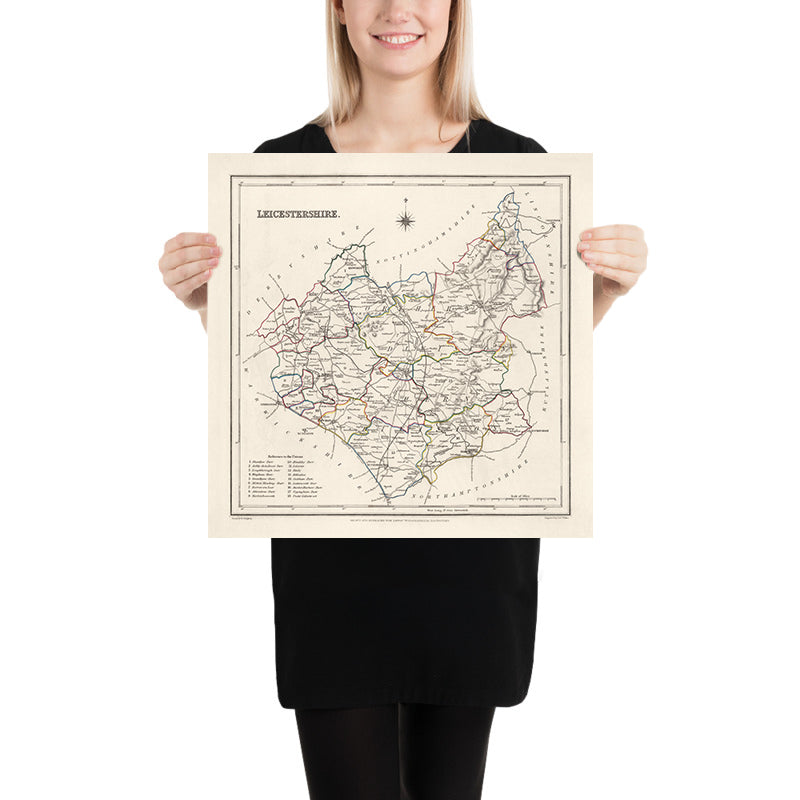 Ancienne carte du Leicestershire par Samuel Lewis, 1844 : Leicester, Melton Mowbray, Loughborough, Hinckley, Ashby-de-la-Zouch