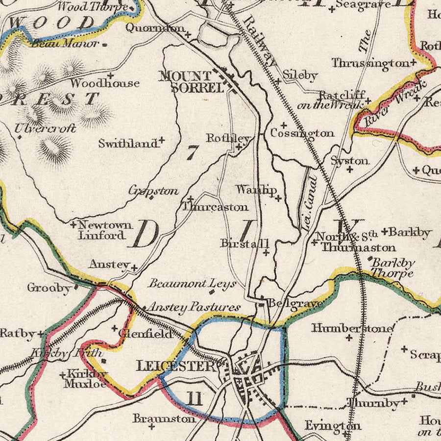 Ancienne carte du Leicestershire par Samuel Lewis, 1844 : Leicester, Melton Mowbray, Loughborough, Hinckley, Ashby-de-la-Zouch