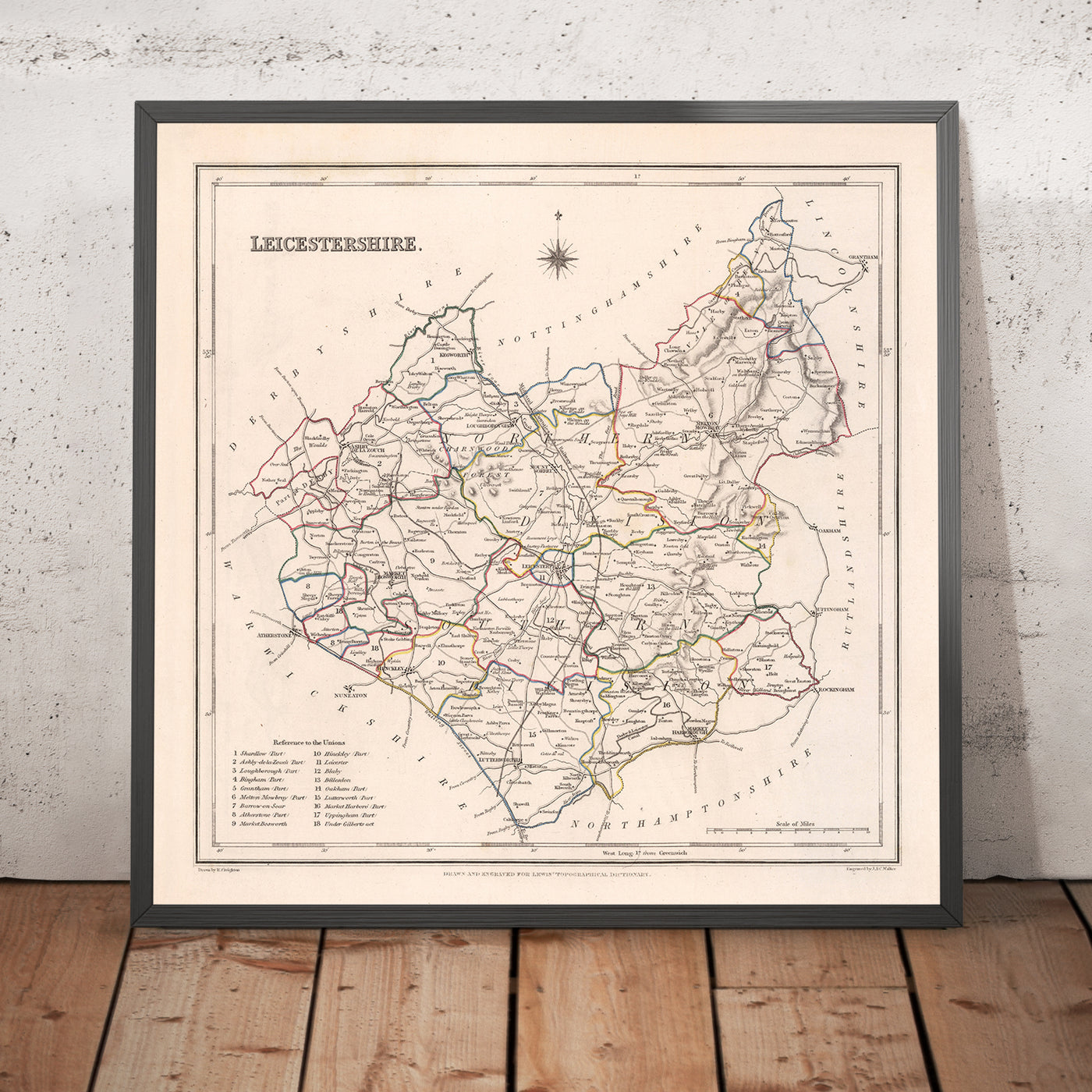 Mapa antiguo de Leicestershire por Samuel Lewis, 1844: Leicester, Melton Mowbray, Loughborough, Hinckley, Ashby-de-la-Zouch