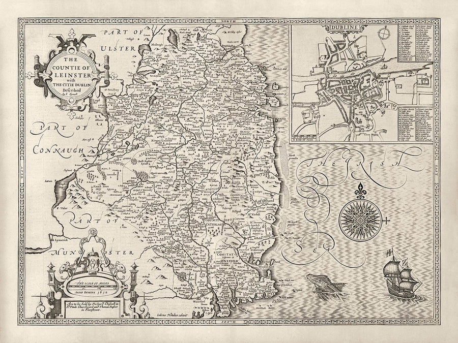 Old Map of Leinster, Ireland in 1611 by John Speed - County Dublin, Kilkenny, Meath, Drogheda
