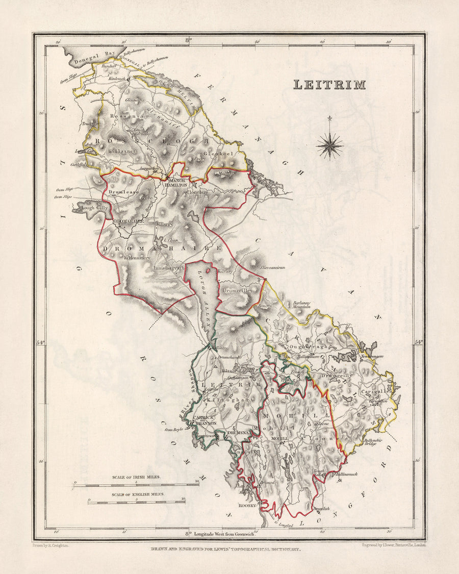 Ancienne carte du comté de Leitrim par Samuel Lewis, 1844 : Carrick-on-Shannon, Manorhamilton, Drumshanbo, Dromahair, Lough Allen