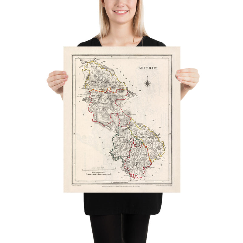 Ancienne carte du comté de Leitrim par Samuel Lewis, 1844 : Carrick-on-Shannon, Manorhamilton, Drumshanbo, Dromahair, Lough Allen
