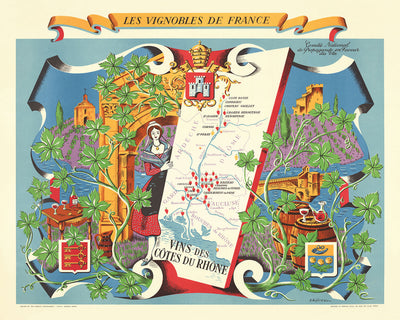 Old Wine Map of Cote du Rhone Region by Hetreau, 1954: Lyon, Avignon, Rhône River, Vineyards, Chateaux