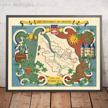 Mappa del Vino Vecchio di Bordeaux di Hetreau, 1954: Bordeaux, Saint-Émilion, Pomerol, Médoc, Garonne 