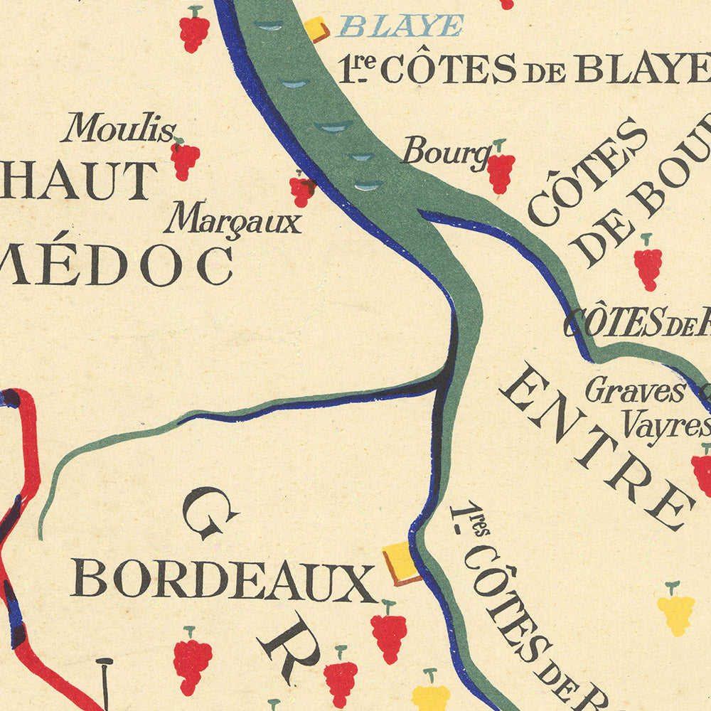 Old Wine Map of Bordeaux by Hetreau, 1954: Bordeaux, Saint-Émilion, Pomerol, Médoc, Garonne