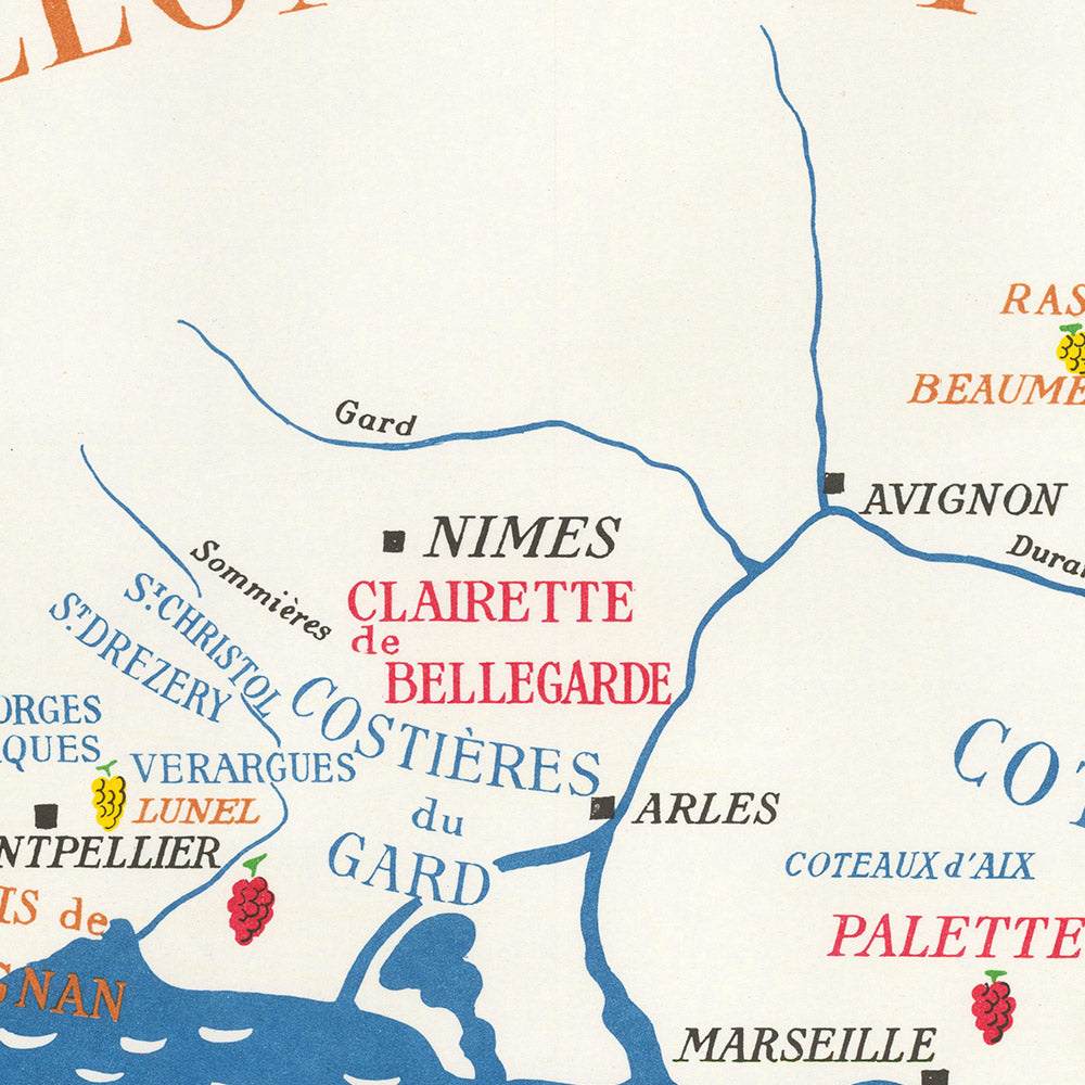 Antiguo mapa pictórico del Rosellón y Provenza de Hetreau, 1954: Marsella, Niza, Montpellier, Nimes, Toulon