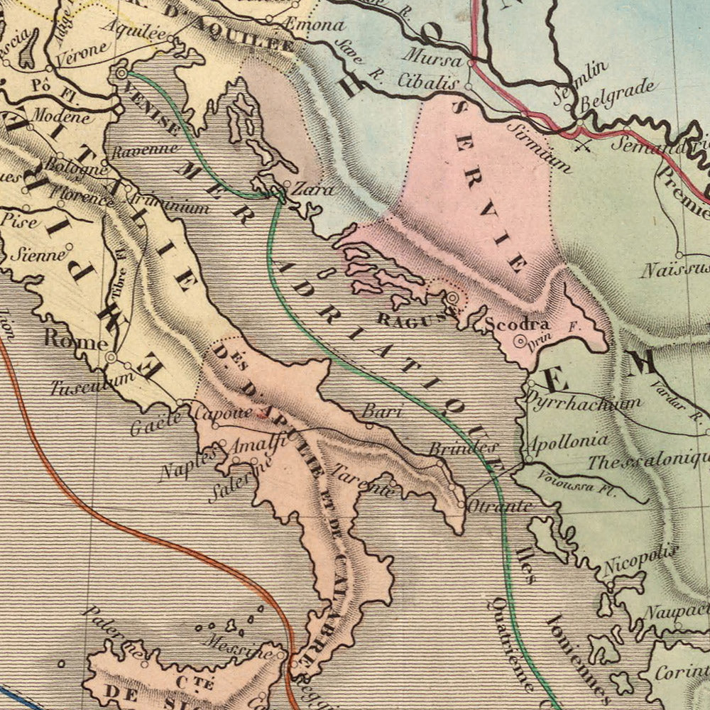 Mapa antiguo de las Cruzadas en Europa y Oriente Medio de Andriveau-Goujon, 1838: Rutas, Antioquía, Jerusalén, Constantinopla, Tierra Santa.