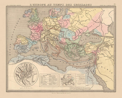 Mapa antiguo de las Cruzadas en Europa y Oriente Medio de Andriveau-Goujon, 1838: Rutas, Antioquía, Jerusalén, Constantinopla, Tierra Santa.