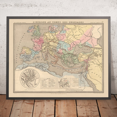 Mapa antiguo de las Cruzadas en Europa y Oriente Medio de Andriveau-Goujon, 1838: Rutas, Antioquía, Jerusalén, Constantinopla, Tierra Santa.