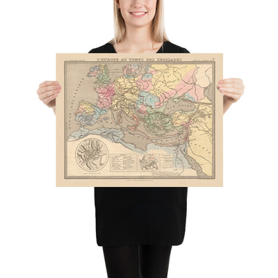 Mapa antiguo de las Cruzadas en Europa y Oriente Medio de Andriveau-Goujon, 1838: Rutas, Antioquía, Jerusalén, Constantinopla, Tierra Santa.