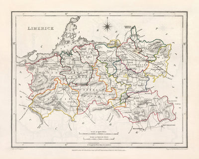 Mapa antiguo del condado de Limerick por Samuel Lewis, 1844: Adare, Askeaton, Bruree, Croom, Kilmallock