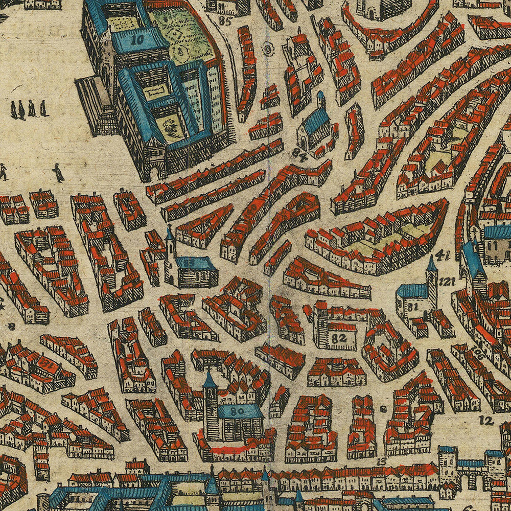 Antiguo mapa a vista de pájaro de Lisboa por Braun, 1596: Castelo de São Jorge, Catedral Sé, Baixa, Bairro Alto, Río Tajo