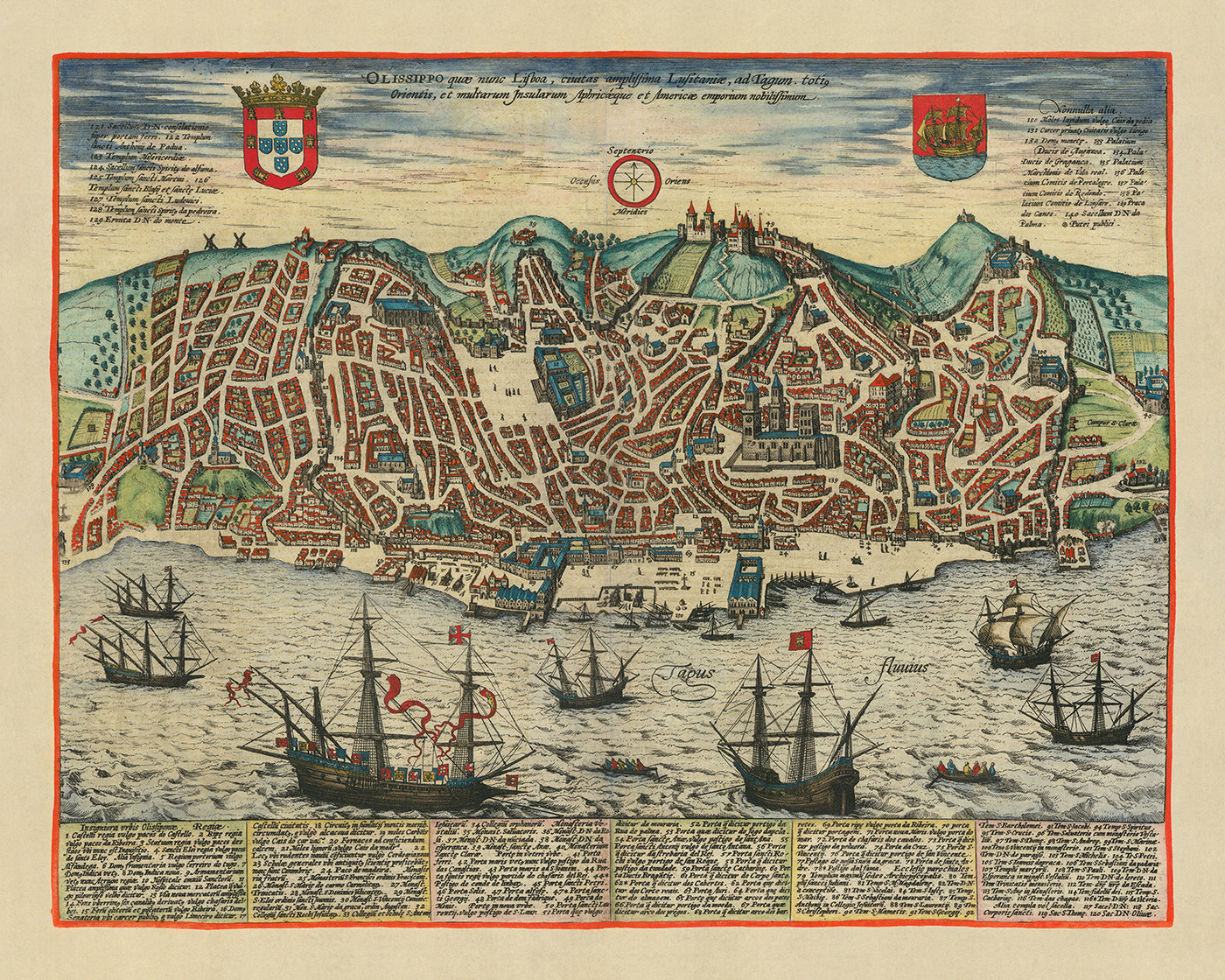 Antiguo mapa a vista de pájaro de Lisboa por Braun, 1596: Castelo de São Jorge, Catedral Sé, Baixa, Bairro Alto, Río Tajo
