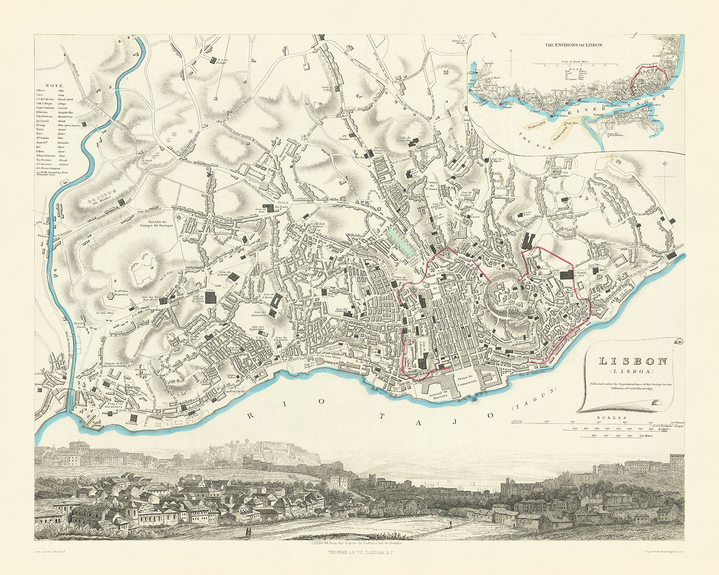 Old Map of Lisbon by SDUK, 1870: Alfama, Bairro Alto, Castello de S. Jorge, Estrella Basilica, Tagus River