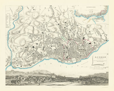 Old Map of Lisbon by SDUK, 1870: Alfama, Bairro Alto, Castello de S. Jorge, Estrella Basilica, Tagus River