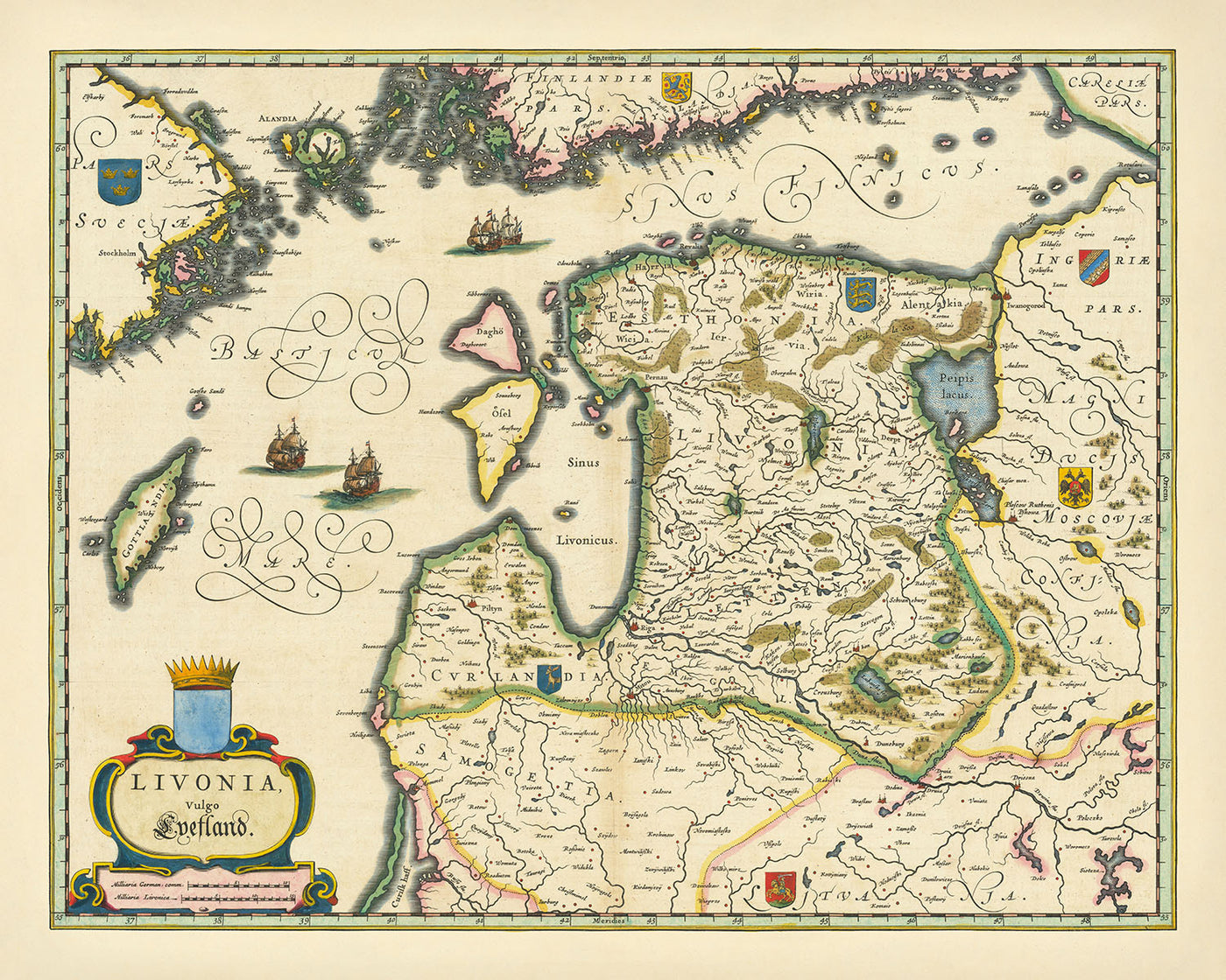 Old Map of the Baltic by Blaeu, 1644: Stockholm, Helsinki, Riga, Tallinn, Vilnius