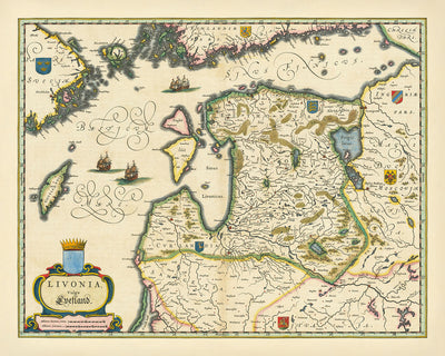 Ancienne carte décorative de la région baltique par Blaeu, 1644 : Stockholm, Helsinki, Riga, Tallinn, Vilnius