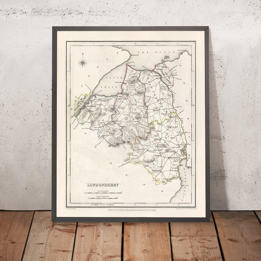 Alte Karte des County Londonderry von Samuel Lewis, 1844: Coleraine, Limavady, Magherafelt, Portstewart und die Sperrin-Berge 