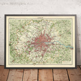 Mapa antiguo de Gran Londres, 1922: Támesis, escala pequeña, suburbios 