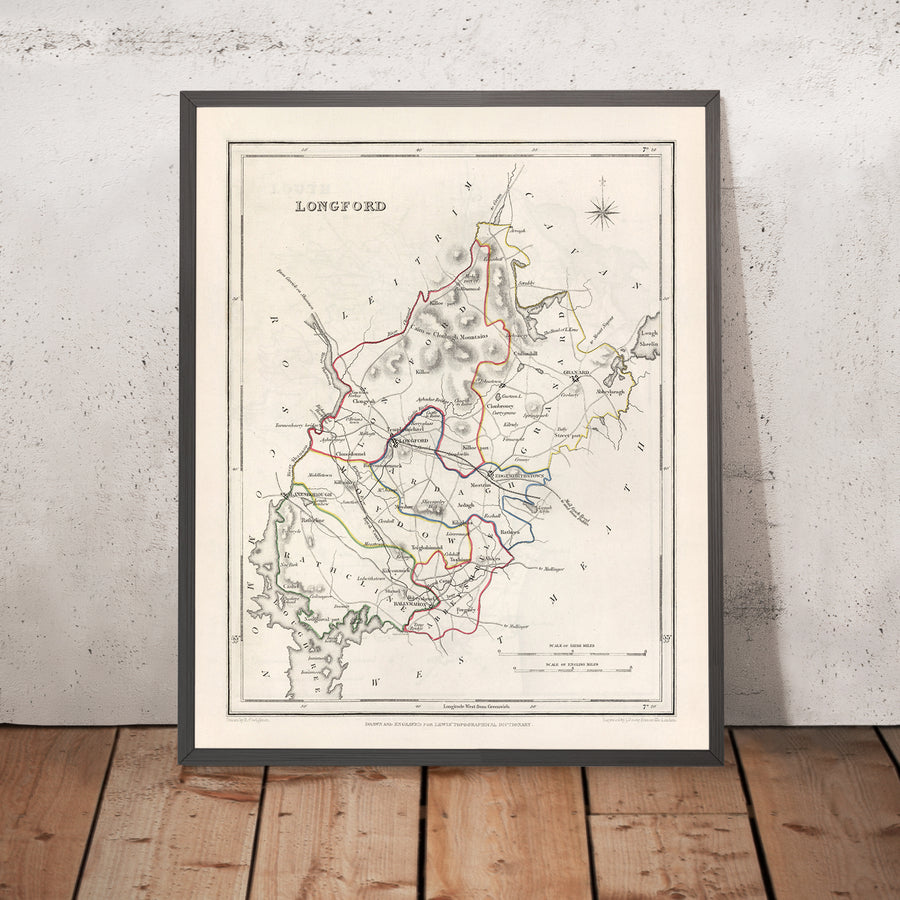 Ancienne carte du comté de Longford par Samuel Lewis, 1844 : Ballymahon, Edgeworthstown, Granard, Abbeyshrule, River Shannon