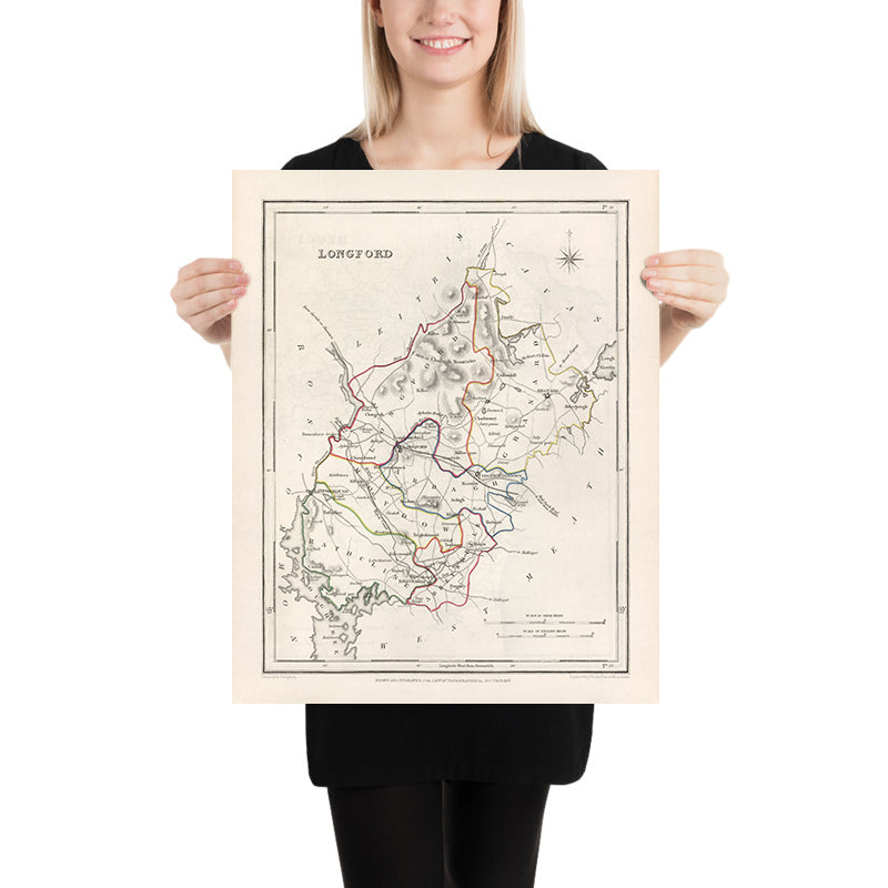 Ancienne carte du comté de Longford par Samuel Lewis, 1844 : Ballymahon, Edgeworthstown, Granard, Abbeyshrule, River Shannon