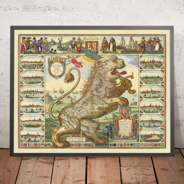 Alte Karte von Leo Belgicus (Niederlande Löwe) von Visscher, 1648: Amsterdam, Rotterdam, Antwerpen, Brüssel, Gent 