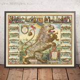 Ancienne carte de Leo Belgicus (Lion des Pays-Bas) par Visscher, 1648 : Amsterdam, Rotterdam, Anvers, Bruxelles, Gand