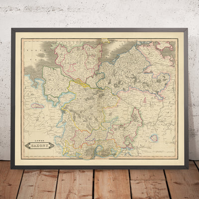 Mapa antiguo de Baja Sajonia de Lizars, 1828: Berlín, Hannover, río Elba, montañas de Harz, mar del Norte