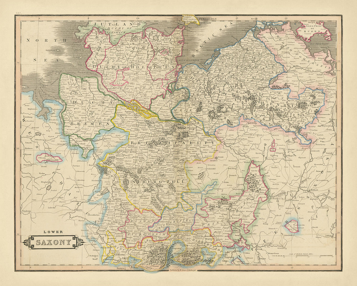 Old Map of Lower Saxony by Lizars, 1828: Berlin, Hanover, Elbe River, Harz Mountains, North Sea