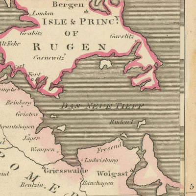 Mapa antiguo de Baja Sajonia de Lizars, 1828: Berlín, Hannover, río Elba, montañas de Harz, mar del Norte