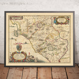 Mappa antica della Bassa Toscana, Italia di Visscher, 1690: Viterbo, Roma, Orvieto, Civitavecchia, Parco Bracciano Martignano 