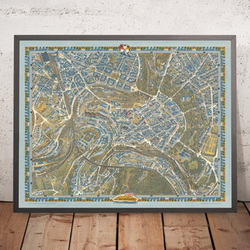 Antica mappa pittorica di Lussemburgo di Bollmann, 1961: Ponte Adolphe, Palazzo Granducale, Cattedrale di Notre-Dame, Parco Comunale, Fiume Alzette 