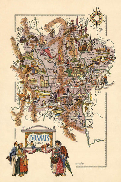 Antiguo mapa pictórico de Lyonnais de Liozu, 1951: Lyon, Saint-Étienne, viñedos, castillos, ríos