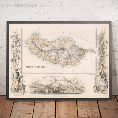 Ancienne carte de Madère par Fullarton, 1865 : Funchal, Pico Ruivo, Baie de Funchal, Vignettes, Topographie