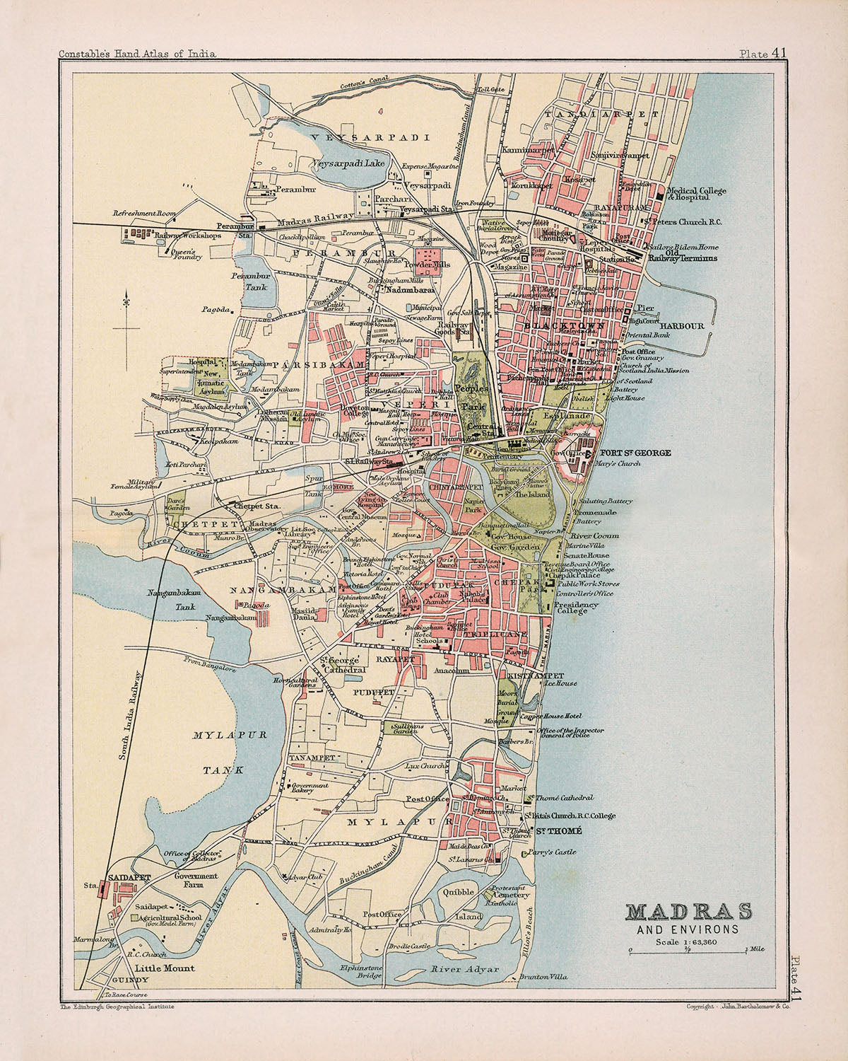 Alte Karte von Madras, 1893: Stadtzentrum von Madras, Fort St. George, Marina Beach, Guindy-Nationalpark, Mylapore-Tempel