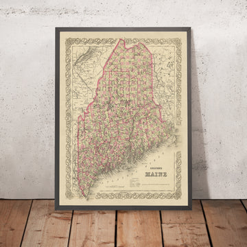 Old Map of Maine by J.H. Colton, 1855: Portland, Bangor, Augusta, Lewiston, and Bath