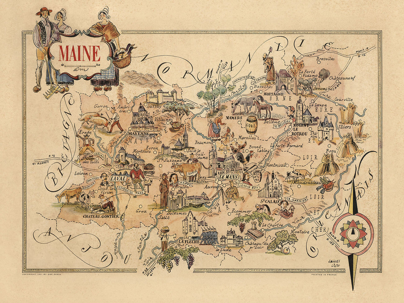 Antiguo mapa pictórico de Maine de Liozu, 1951: Le Mans, Laval, Château-Gontier, La Flèche, Mayenne