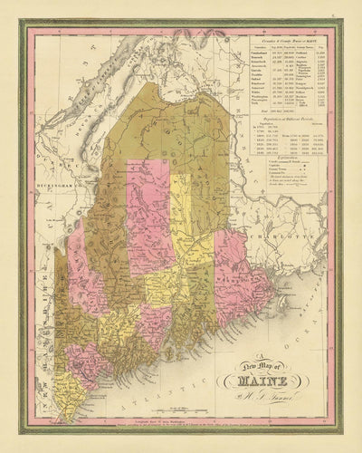 Alte Karte von Maine von HS Tanner, 1840: Portland, Augusta, Bangor und Mount Katahdin