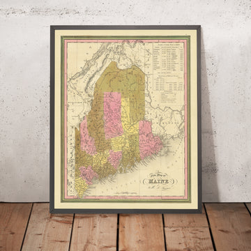 Old Map of Maine by HS Tanner, 1840: Portland, Augusta, Bangor, and Mount Katahdin
