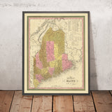Ancienne carte du Maine par HS Tanner, 1840 : Portland, Augusta, Bangor et le mont Katahdin