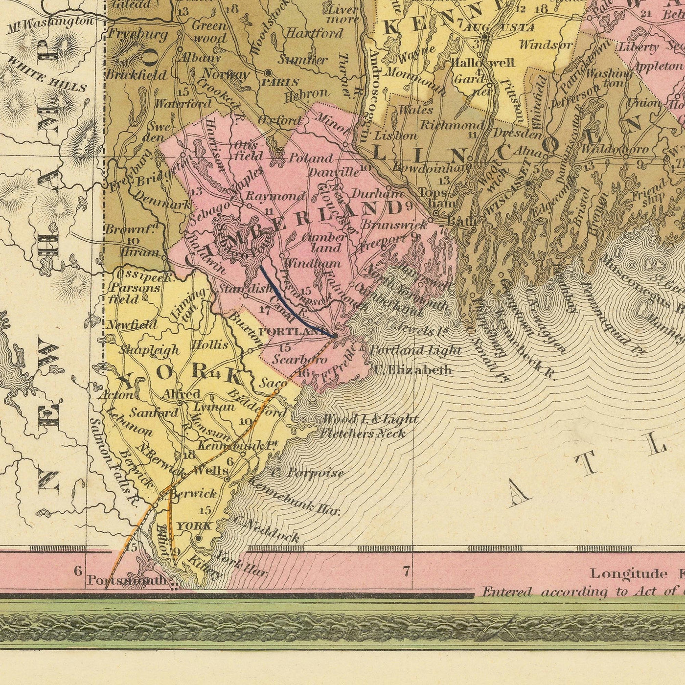 Mapa antiguo de Maine por HS Tanner, 1840: Portland, Augusta, Bangor y Mount Katahdin