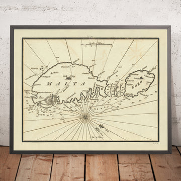 Antica carta nautica di Malta e Gozo di Heather, 1802: Linee costiere dettagliate, profondità, rosa dei venti 