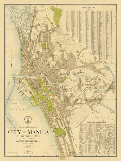 Ancienne carte de Manille, Philippines par John Bach, 1920 : Intramuros, Ermita, Malate, Quiapo, River Pasig, Tondo