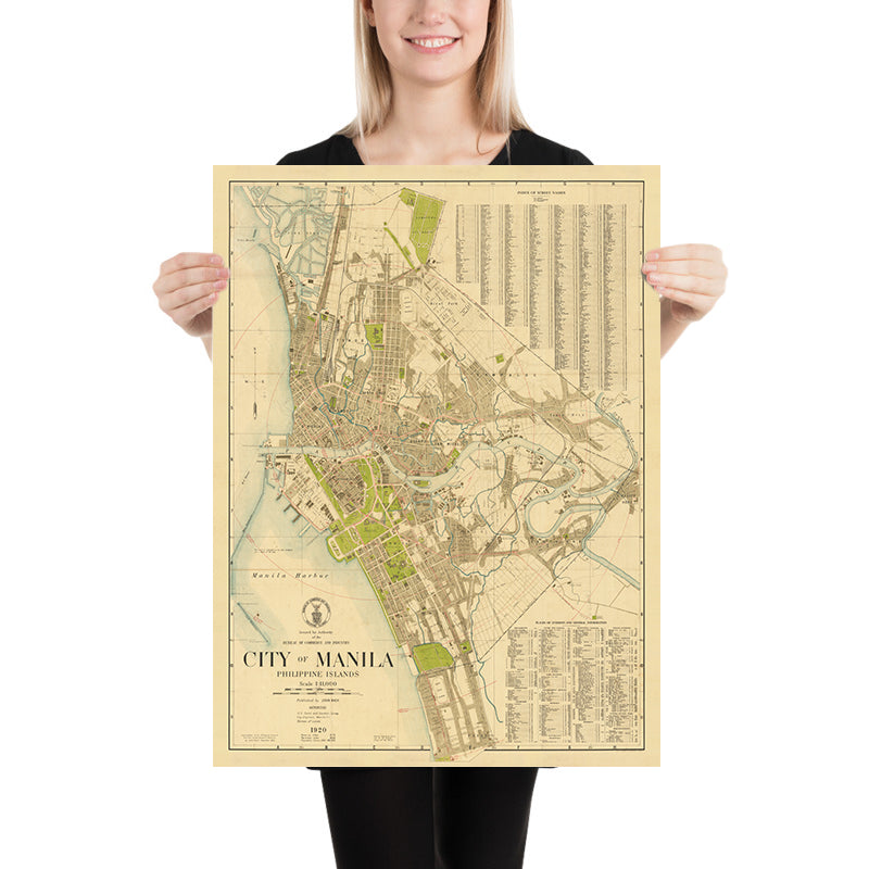 Mapa antiguo de Manila, Filipinas, de John Bach, 1920: Intramuros, Ermita, Malate, Quiapo, Río Pasig, Tondo