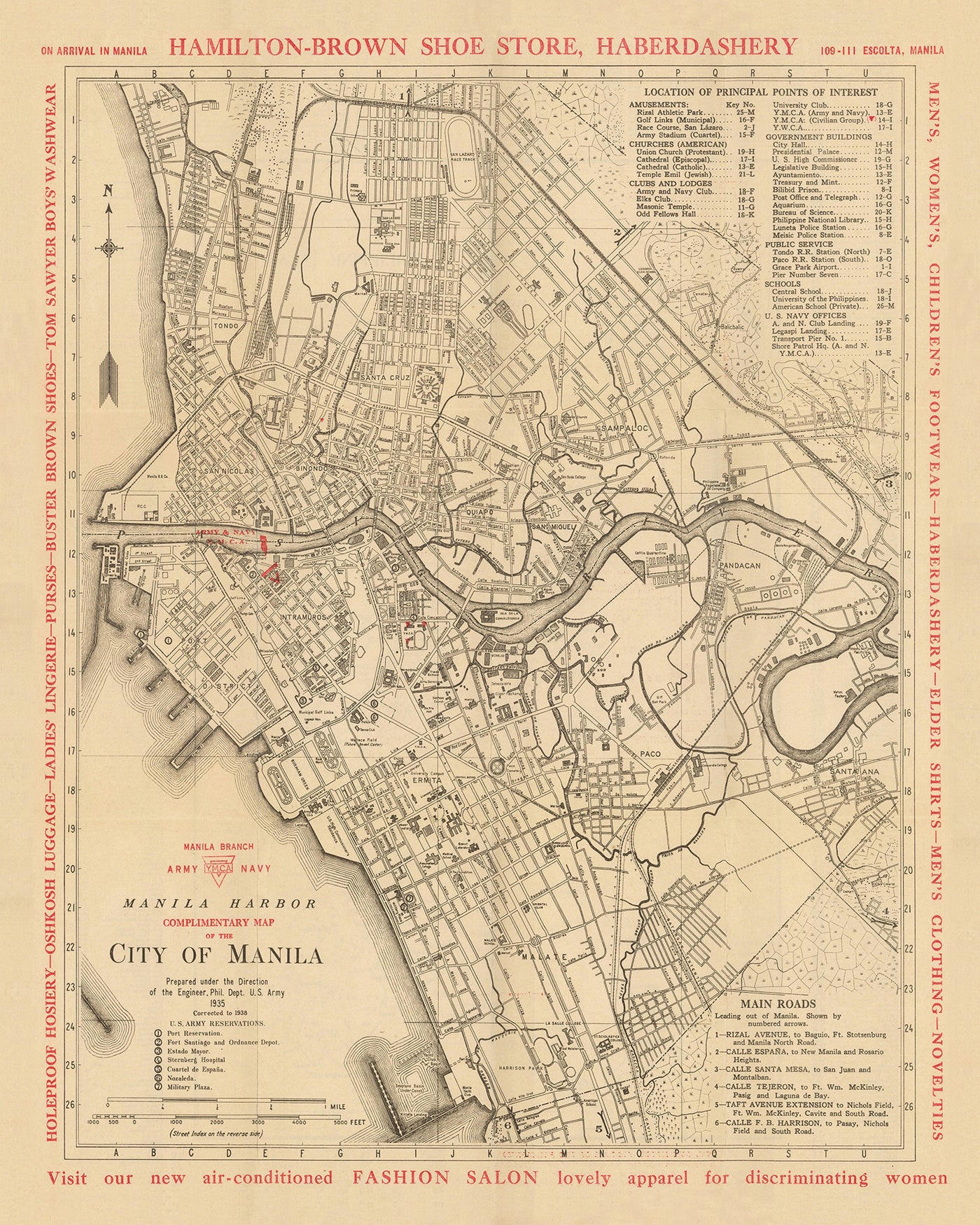 Mapa antiguo de Manila por YMCA y ejército de EE. UU., 1938: Intramuros, Ermita, Quiapo, San Miguel, Binondo, Pandacan